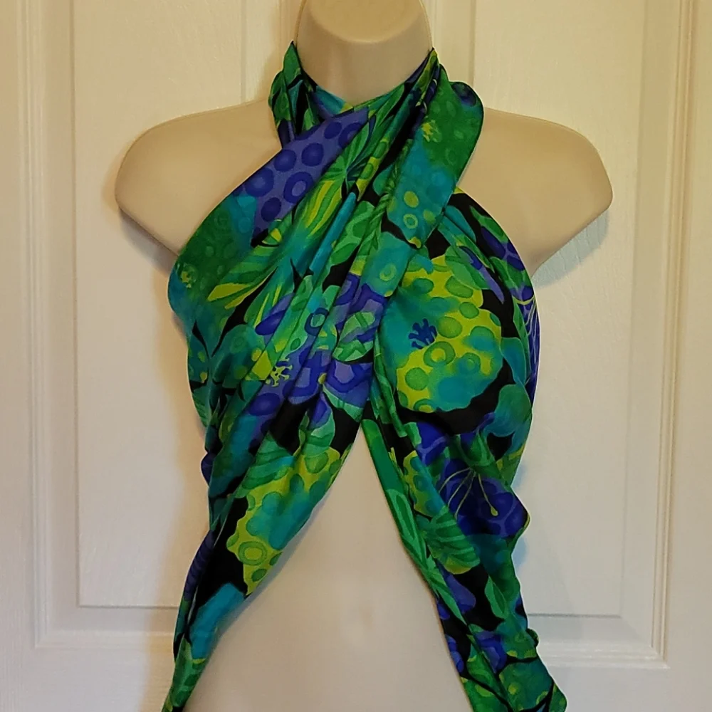 Vibrant Silk  green floral wrap, scarf, coverup wrap